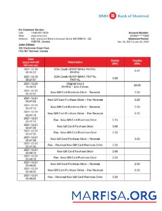 Printable Canada Bank of Montreal bank statement template